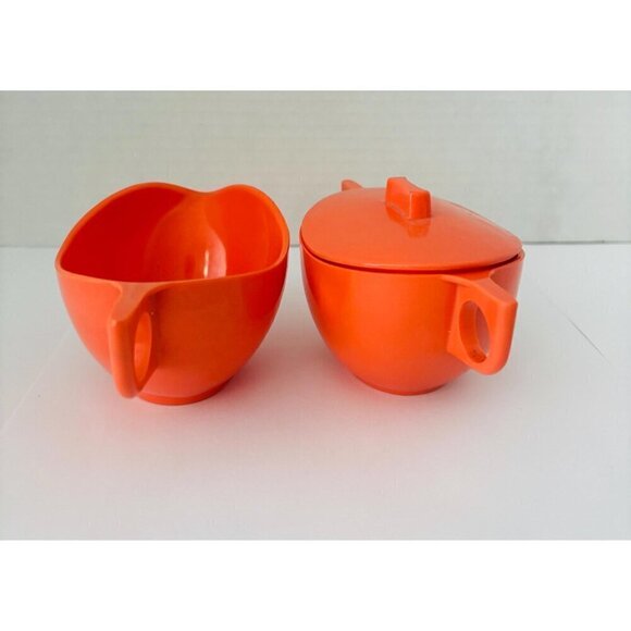 Vintage Coral Melmac Cream And Sugar Set Coffee Time Retro Kitsch Made In Canada - Picture 2 of 10